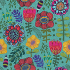 Folk Flowers Teal fabric flat lay showing multicoloured floral details