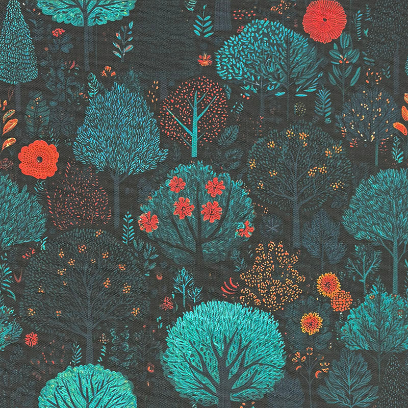 Leaf pattern curtain fabric in teal – cotton printed folk forest woodland design