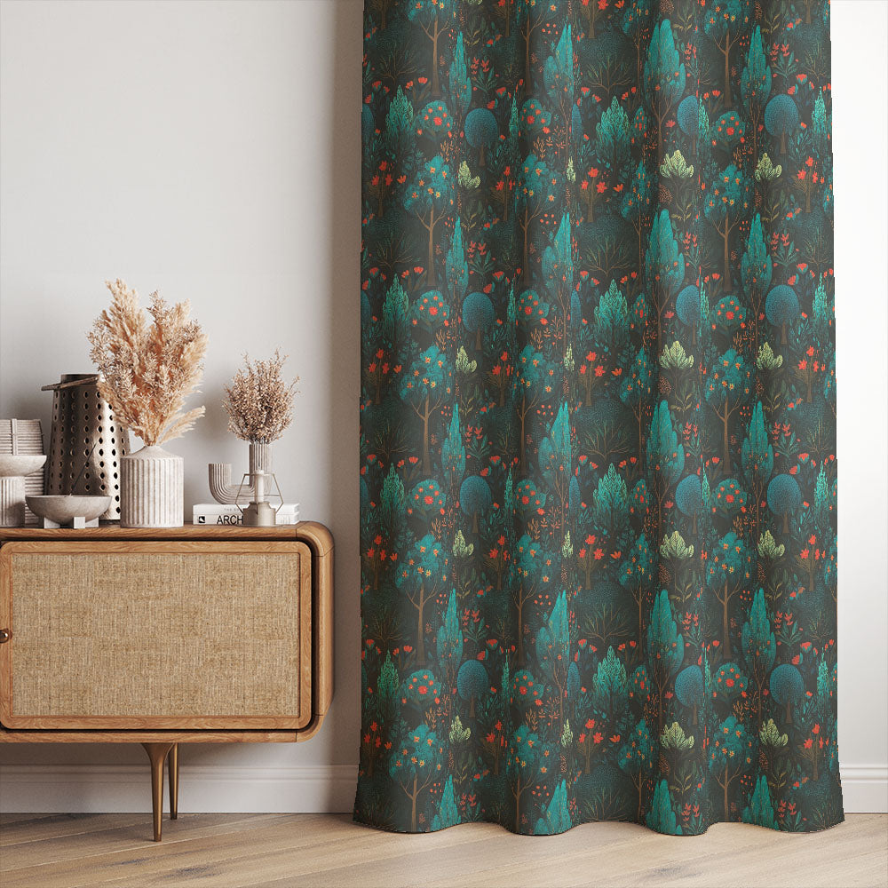 Folk garden cotton curtain fabric with woodland floral print in green and red, styled as floor-length curtains.