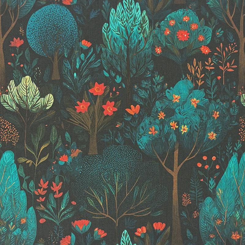 Flat detail of folk-inspired green cotton curtain fabric with woodland trees and red flowers.