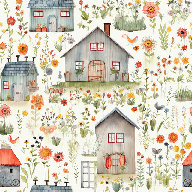 Close-up of Folk House Green linen curtain fabric with illustrated cottages and wildflowers