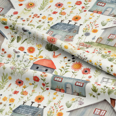 Draped Folk House Green fabric showing colourful houses and florals in detail