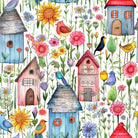 Flat image of Folk House Multi fabric with whimsical house and flower illustrations
