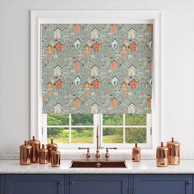 Folk House Linen Curtain Fabric in Orange used as a kitchen blind