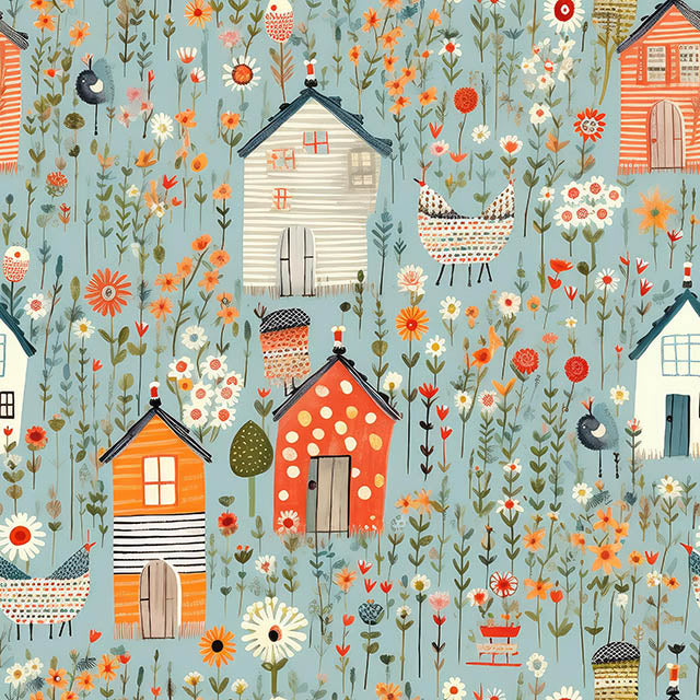 Folk House Linen Curtain Fabric in Orange – flat lay showing whimsical houses and flowers