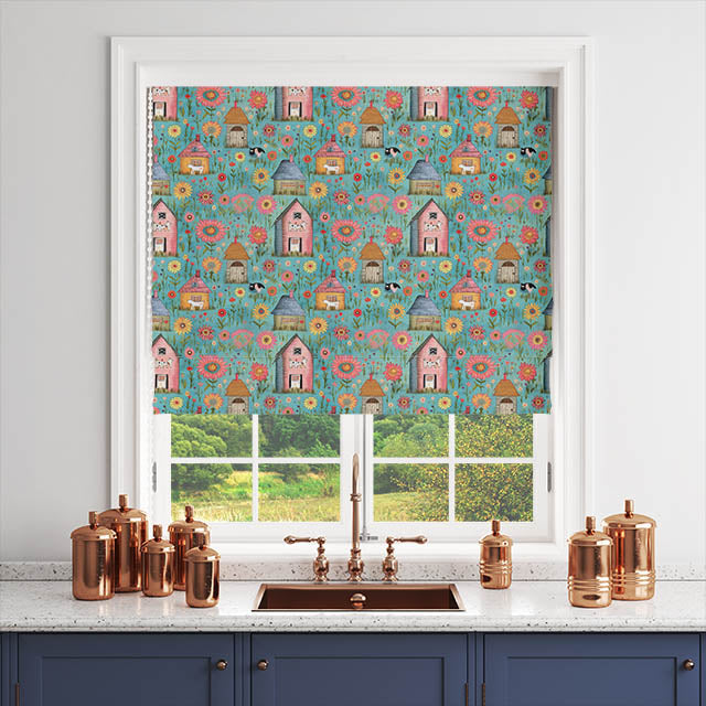 Teal Folk House Cotton Curtain Fabric draped elegantly, adding a pop of color to any room