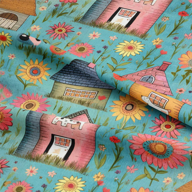 Whimsical folk house teal linen curtain fabric in ruffle display, showing cottages and floral motifs