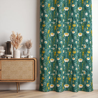 Teal Folk Meadow Cotton Curtain Fabric draping elegantly, showcasing its lovely print and smooth, flowing drape