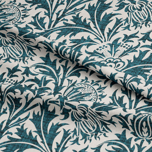 Close-up of the rich and textured Fouet Linen Curtain Fabric in Deep Teal