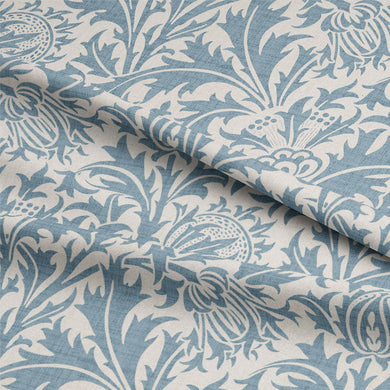 Luxurious and textured linen curtain fabric in a calming Wedgewood Blue color