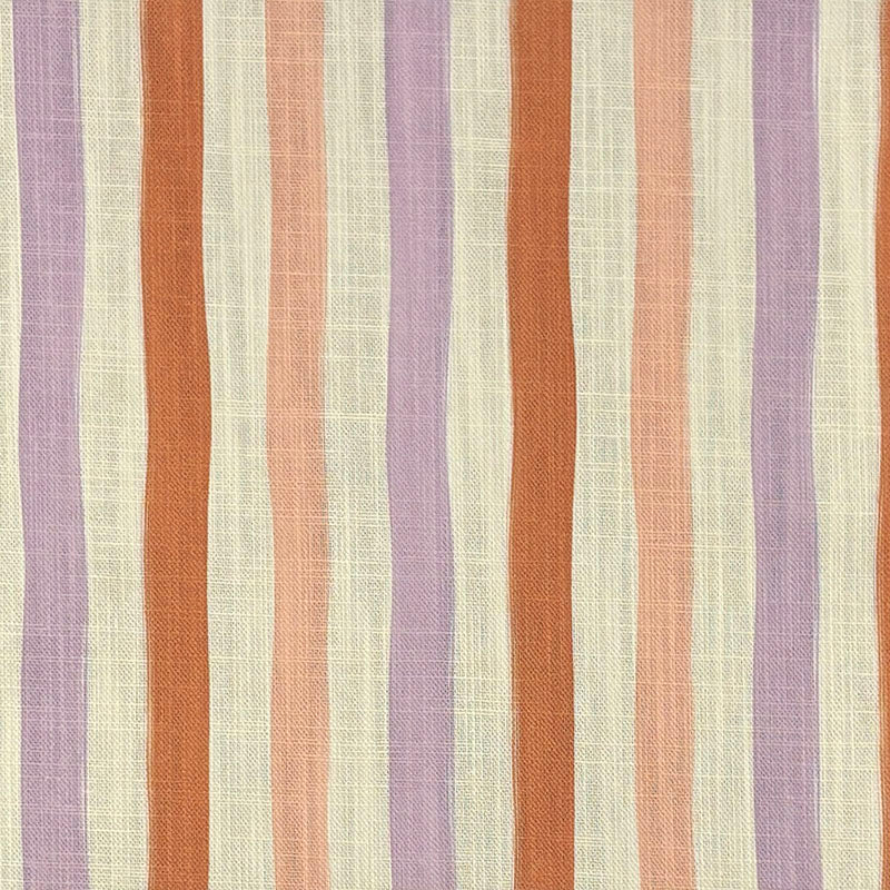 Flat lay image of Fremont Lavender striped curtain fabric with mauve, peach, and taupe tones.