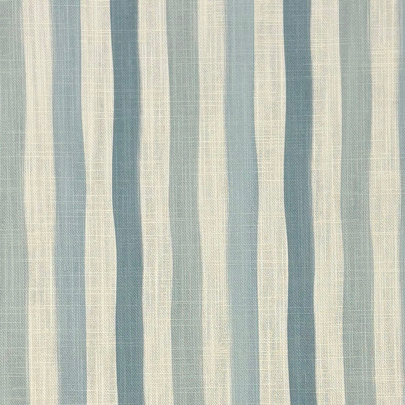 Flat lay image of Fremont Mist striped curtain fabric in pale blue, ivory, and linen tones.