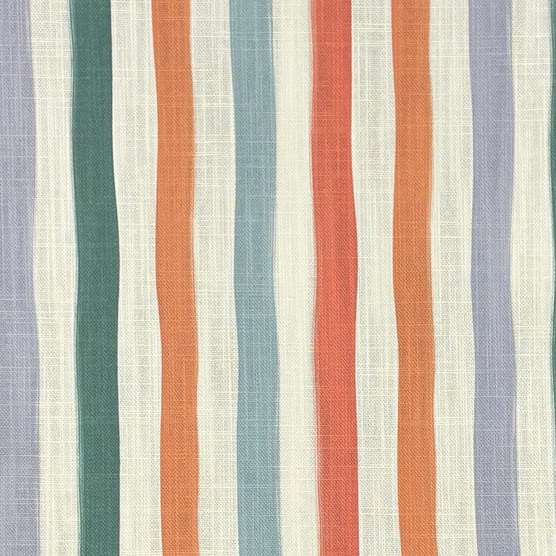 Flat lay image of Fremont Multi striped curtain fabric with bold stripes in blue, ochre, and orange.