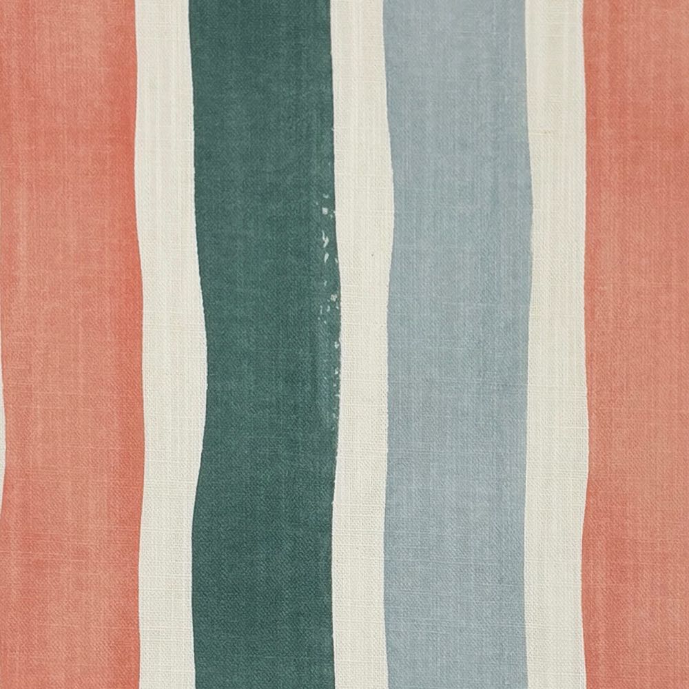 Flat image of Fresno Stripe Multi linen curtain fabric with vertical stripes in coral, green, blue and cream