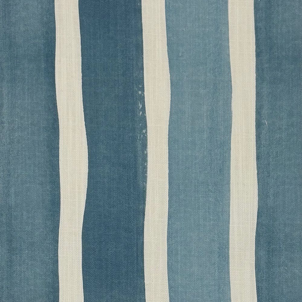 Flat image of Fresno Stripe Ocean linen curtain fabric with mid-blue and ivory hand-drawn style vertical stripes