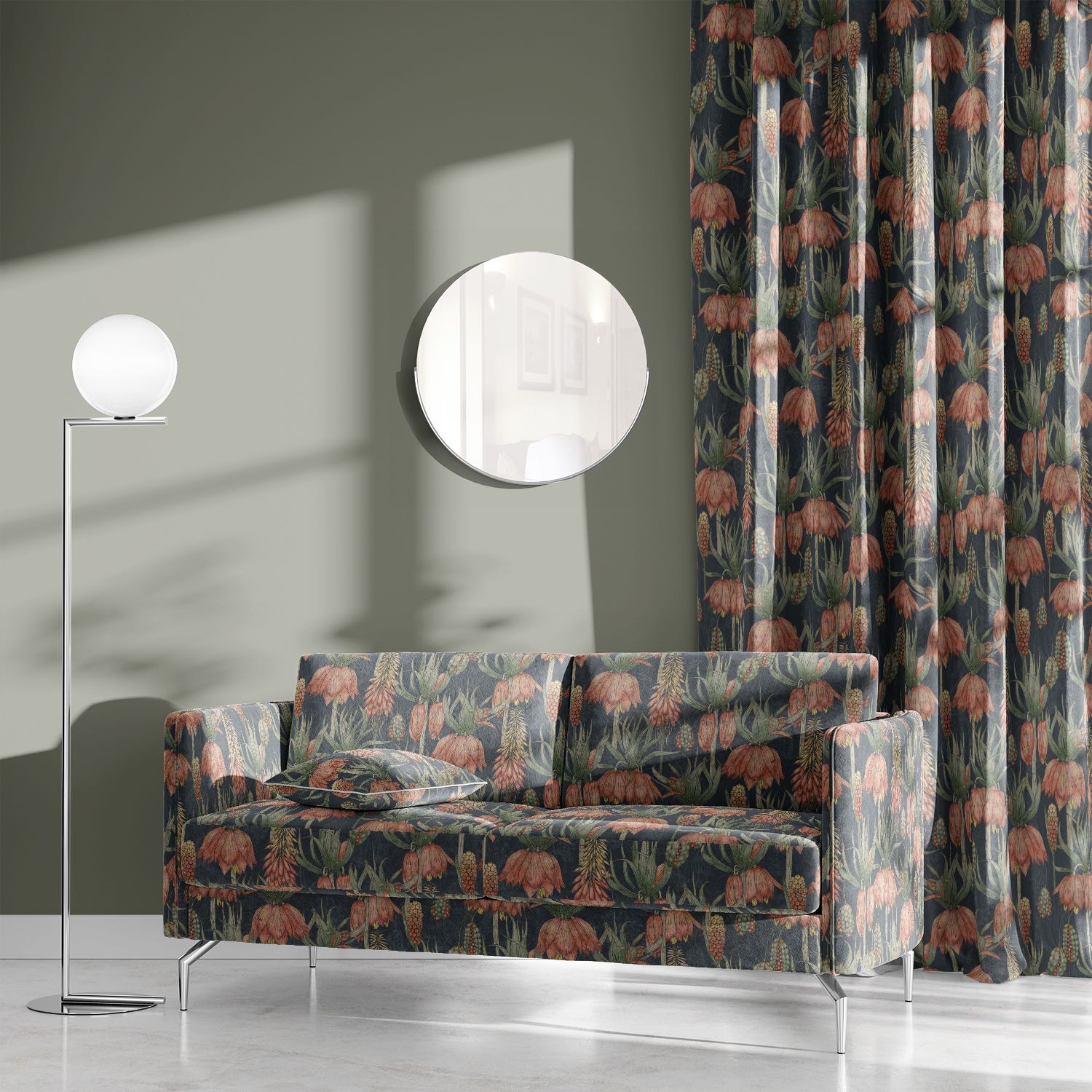 Fritillaria Noir velvet upholstery fabric – sofa and curtain set in botanical floral velvet
