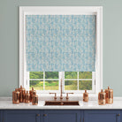 Garston Blue Blind — Linen curtain fabric with blue chevron brushstroke pattern in kitchen setting
