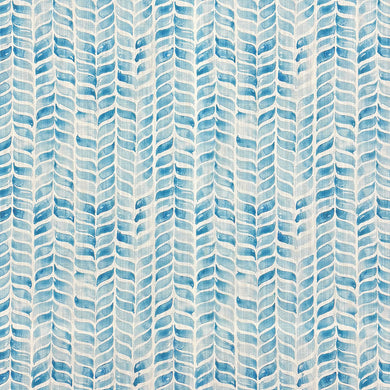 Garston Blue Flat — Blue linen curtain fabric sample with chevron print on white background