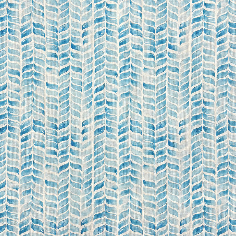 Garston Blue Flat — Blue linen curtain fabric sample with chevron print on white background