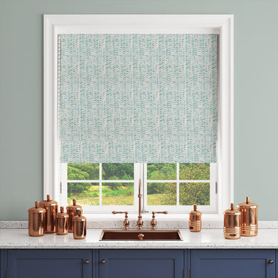 Garston Ice Blind — Linen curtain fabric in pale aqua Ice colour used as a roman blind