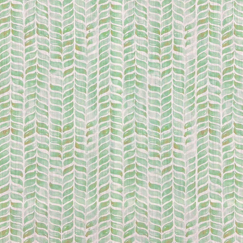 Garston Olive Flat — Olive green chevron patterned linen curtain fabric on white background