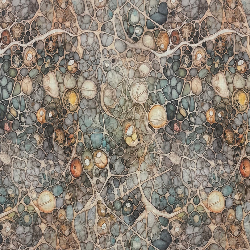 Flat fabric image of Gemstone Mineral linen curtain fabric in soft grey, blue and golden hues