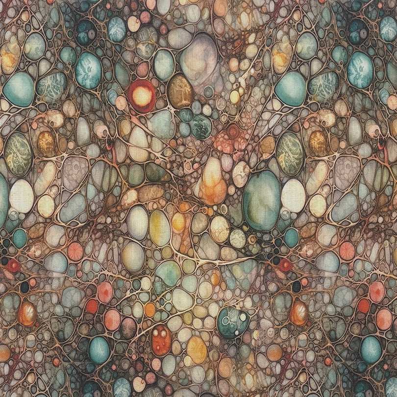 Flat image of Gemstone Opal linen curtain fabric in warm neutrals, pale peach, and turquoise