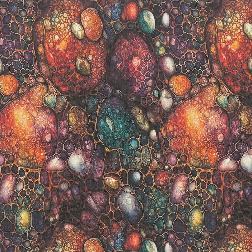 Flat image of Gemstone Purple curtain fabric with deep purple, teal, and gold highlights