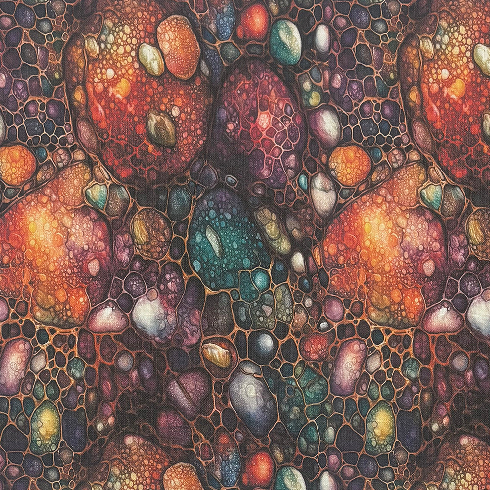 Flat image of Gemstone Purple curtain fabric with deep purple, teal, and gold highlights