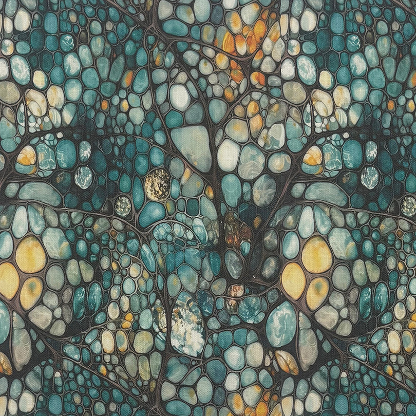 Flat fabric image of Gemstone Teal linen curtain fabric with turquoise and golden marbling