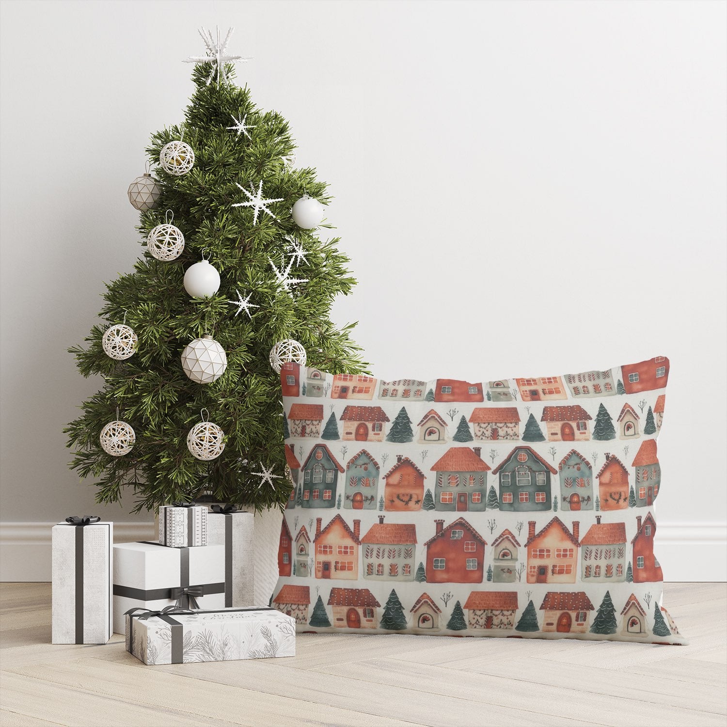 Christmas cushion made from Gingerbread Houses Cotton Curtain Fabric placed beside Christmas tree with presents