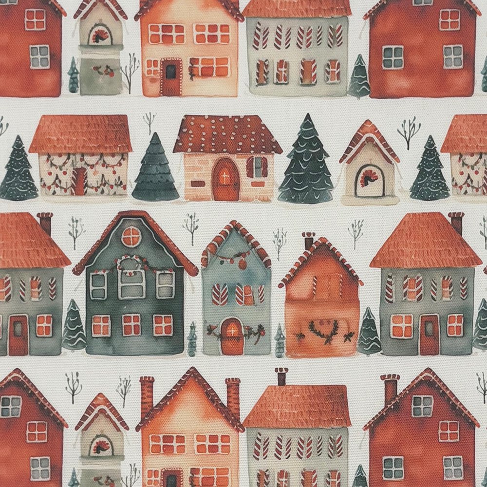 Gingerbread Houses Cotton Curtain Fabric in orange and red Christmas design – flat image of festive patterned fabric
