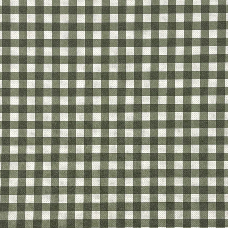 Close-up flat image of green gingham check upholstery fabric with printed pattern detail.