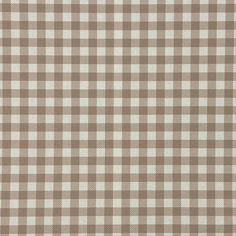 Flat lay photo of taupe gingham check upholstery fabric showing printed check design.