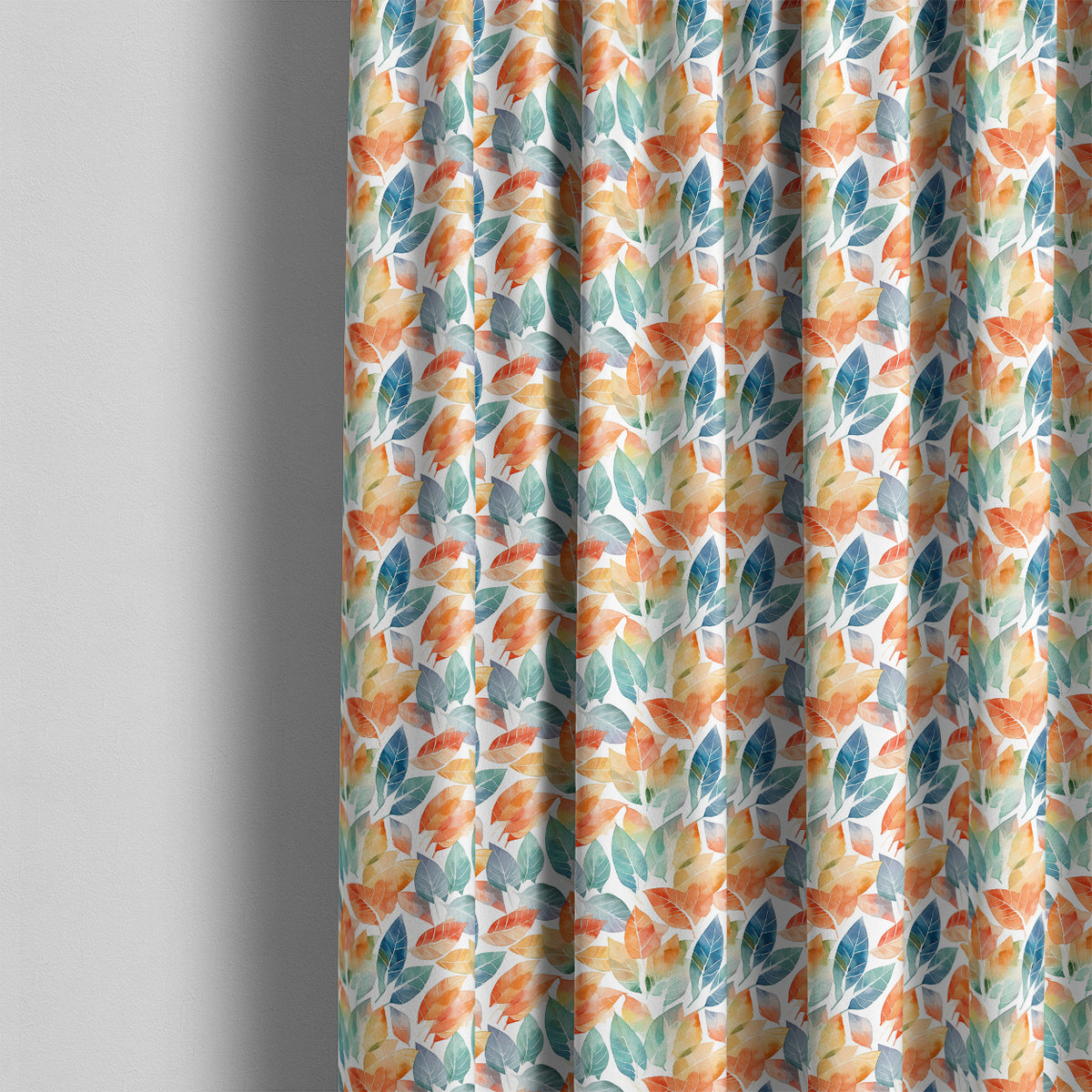 Gisburn washable leaf fabric shown as full-length curtains in a colourful botanical room setting