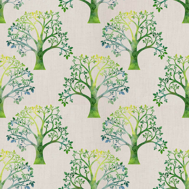 Green linen curtain fabric with grand tree pattern, perfect for natural-themed interior designs