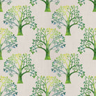 Green linen curtain fabric with grand tree pattern, perfect for natural-themed interior designs