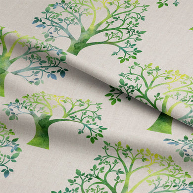 Eco-friendly and sustainable linen curtain fabric in beautiful green color with intricate tree design
