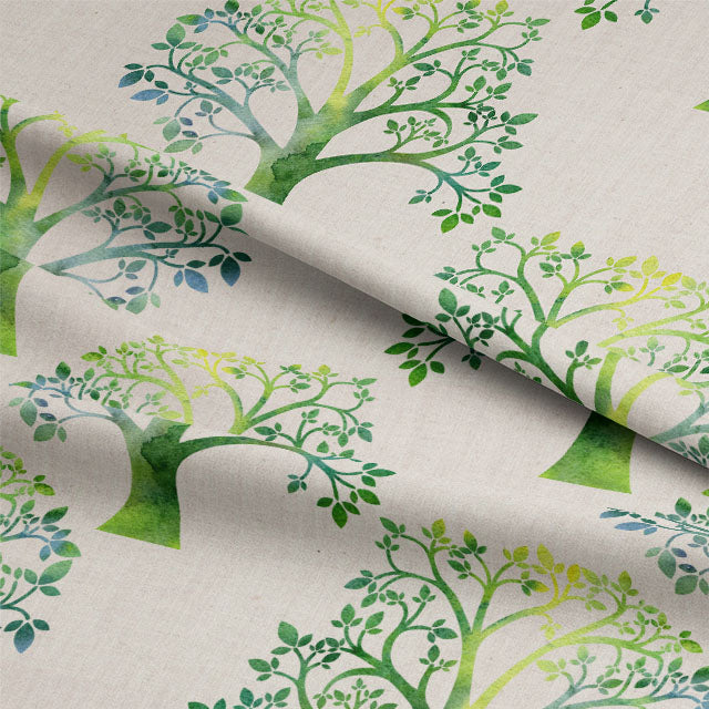 Eco-friendly and sustainable linen curtain fabric in beautiful green color with intricate tree design