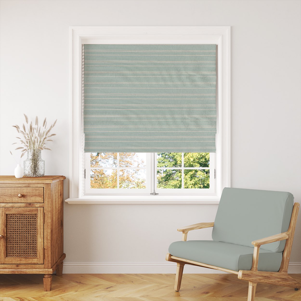 Gravina Duck Egg striped fabric in a Roman blind setting, perfect for contemporary window treatments.