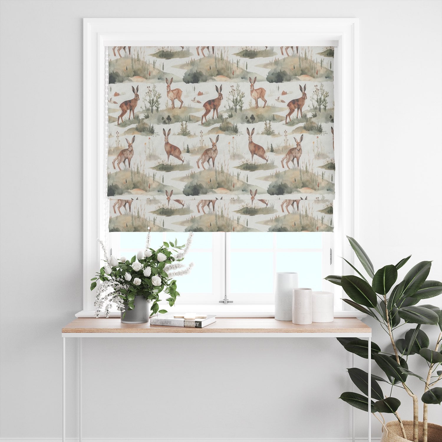 Hares Brown fabric roman blind – countryside animal print blind featuring hares in soft natural colours, perfect for rustic interiors