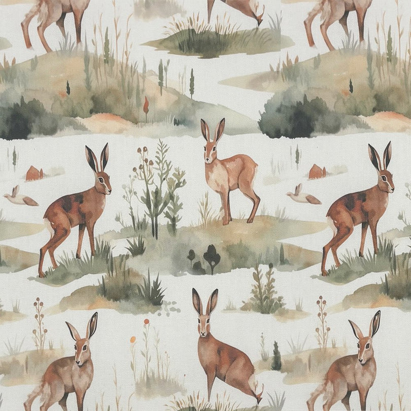 Hares Brown fabric – scenic wildlife fabric with hares and foliage in earthy tones, ideal for curtain or blind use