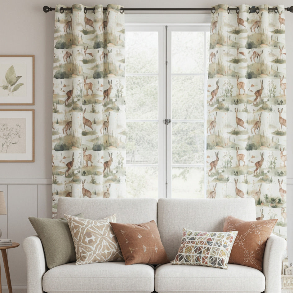 Wildlife-themed hare curtain fabric in a light-filled living room, styled with a white sofa and earthy-toned cushions