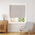 Harewood Leaf Linen curtain fabric in dove grey, styled as a window blind for a classic and natural interior look.