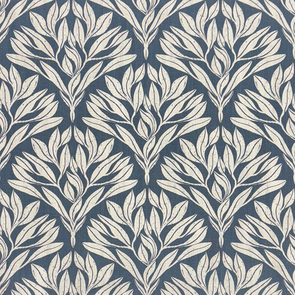 Harewood Leaf Linen curtain fabric in deep navy with an intricate leaf pattern, perfect for soft furnishings.
