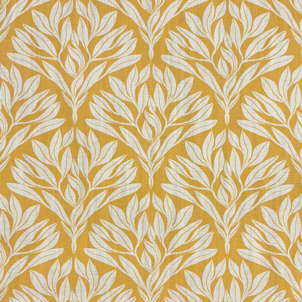 Ochre yellow leaf linen curtain fabric with a classic botanical pattern.