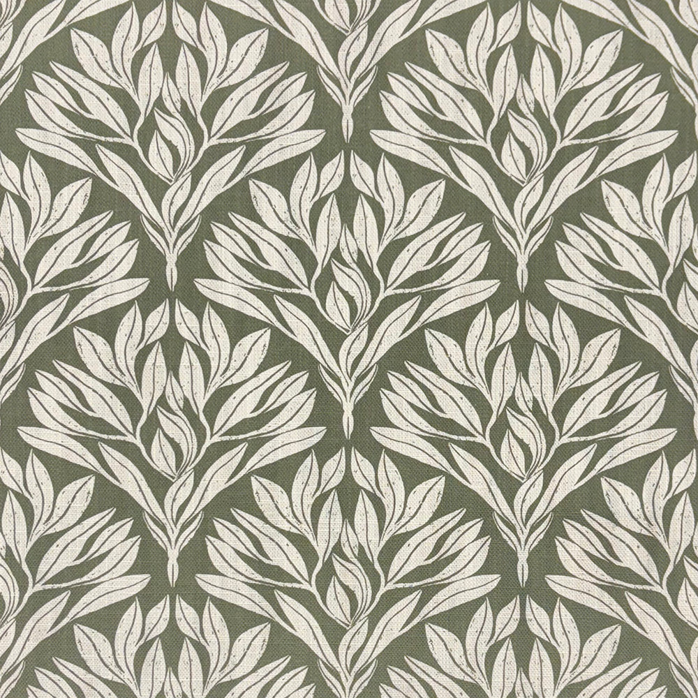 age green leaf linen curtain fabric featuring an elegant botanical design.