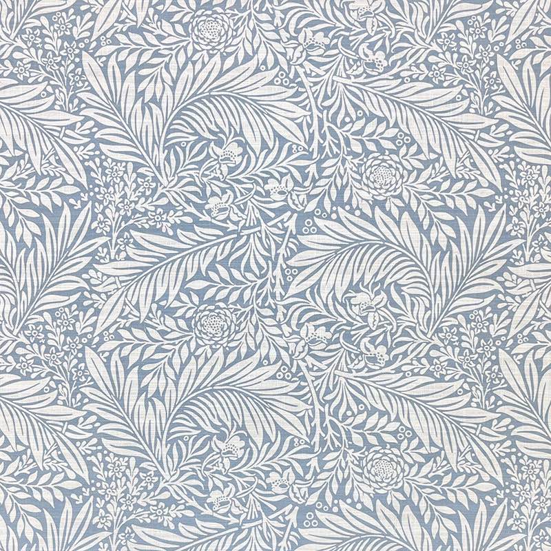 Cameo Blue velvet fabric with cream leaf and floral design – flat swatch image