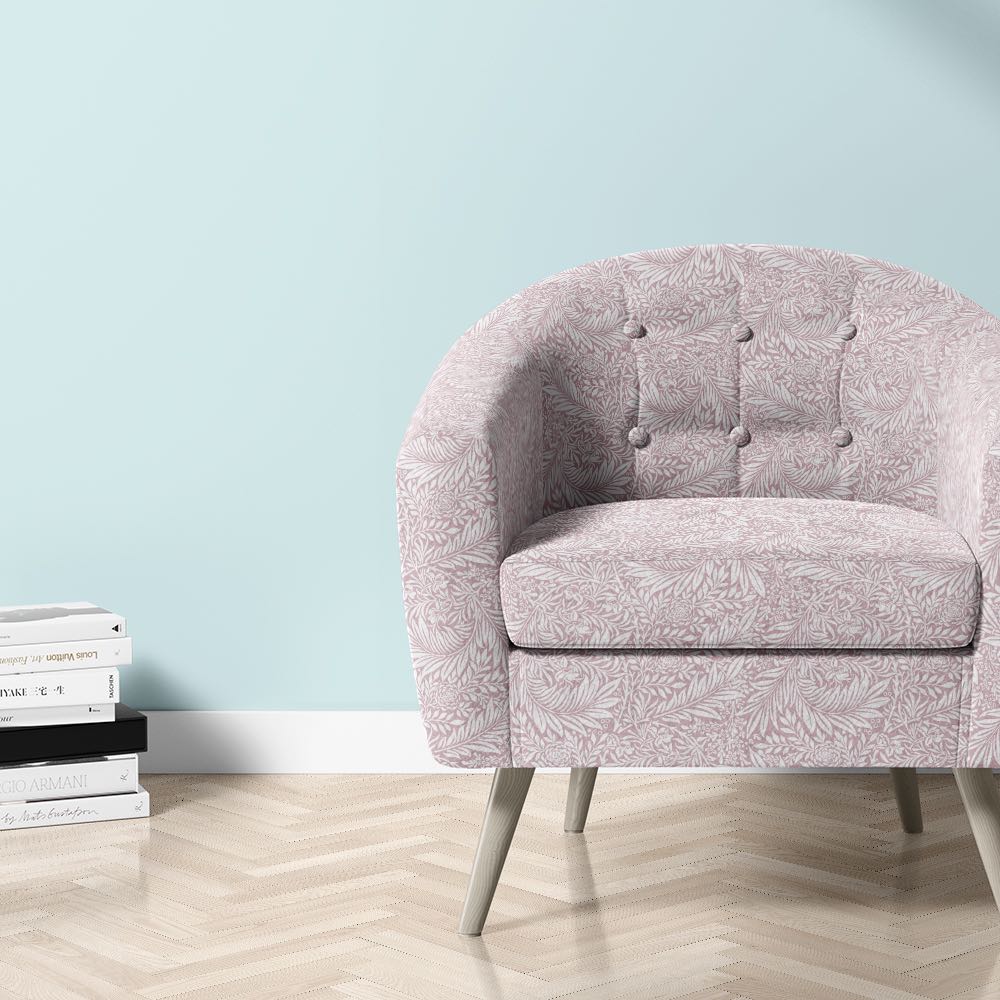 Velvet armchair in Cashmere Rose Harlestone print – leaf pattern upholstery fabric