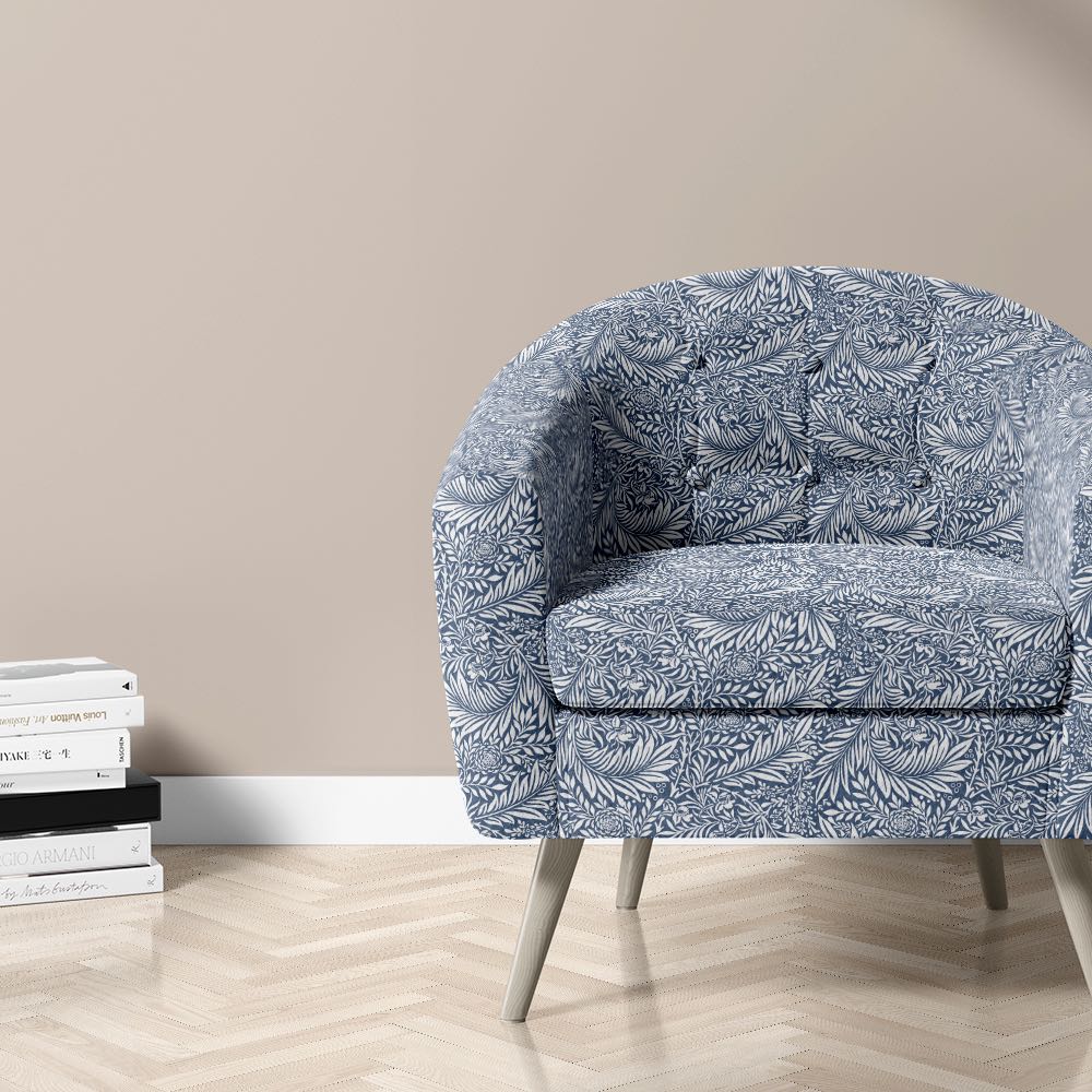 Upholstered armchair in Lauren Blue Harlestone velvet fabric – floral and leaf design